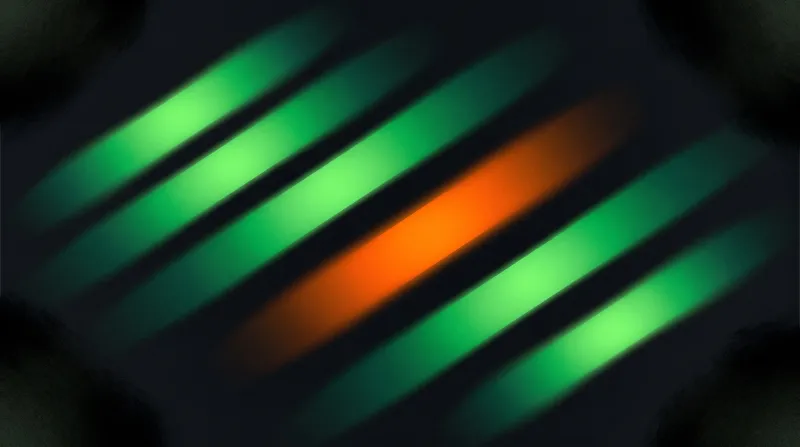 Hero artwork: painted diagonal green gradient bars with one orange bar on near-black