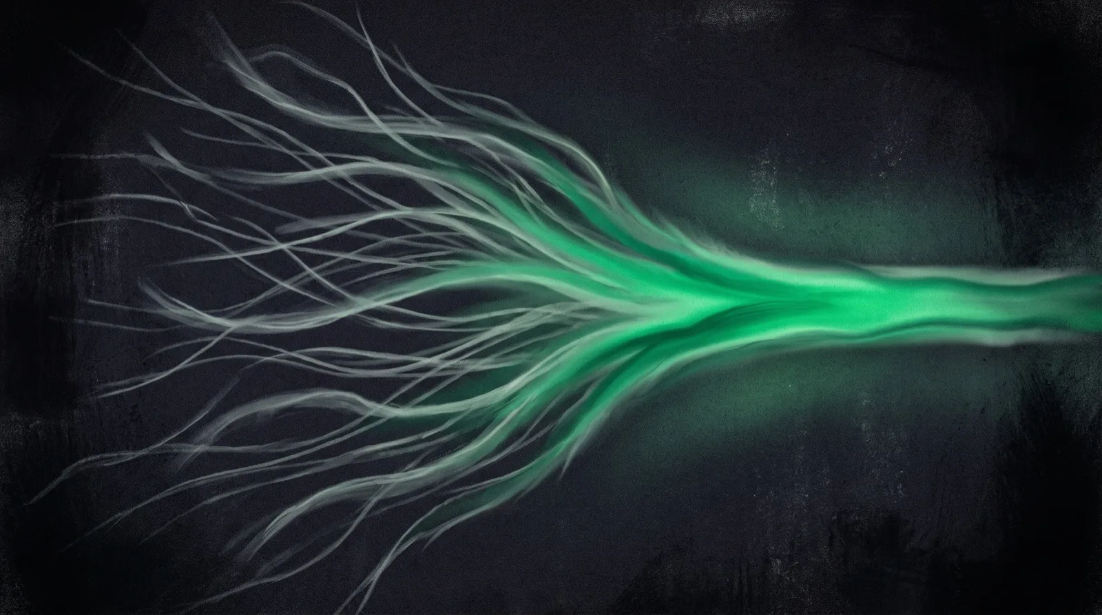 Painted artwork: scattered grey streams converging into one bright green channel